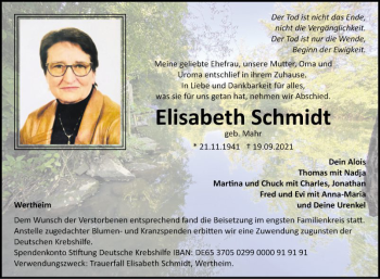 Traueranzeige von Elisabeth Schmidt von Fränkische Nachrichten