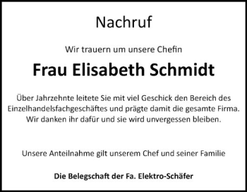 Traueranzeige von Elisabeth Schmidt von Fränkische Nachrichten