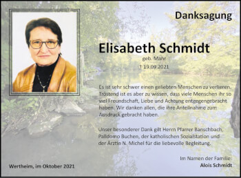 Traueranzeige von Elisabeth Schmidt von Fränkische Nachrichten