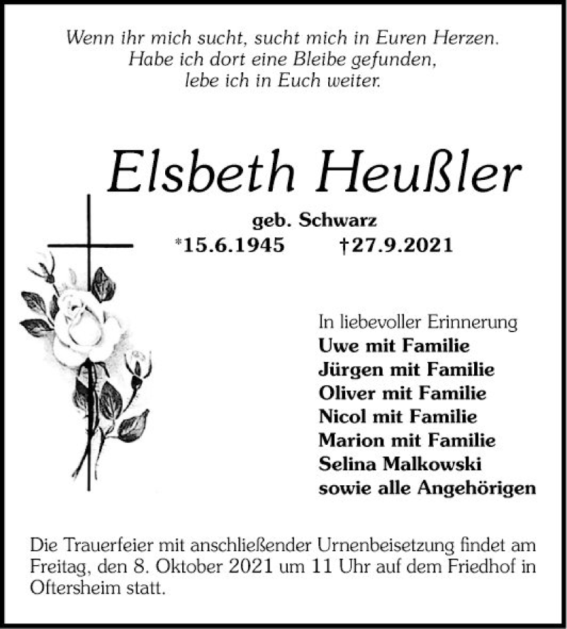  Traueranzeige für Elsbeth Heußler vom 02.10.2021 aus Schwetzinger Zeitung