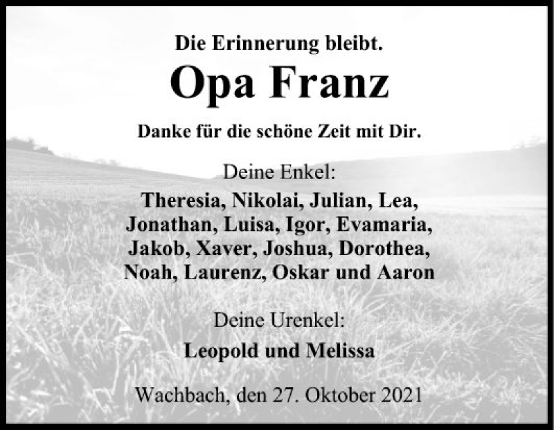  Traueranzeige für Franz  vom 27.10.2021 aus Fränkische Nachrichten
