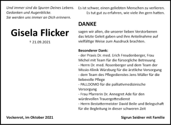 Traueranzeige von Gisela Flicker von Fränkische Nachrichten