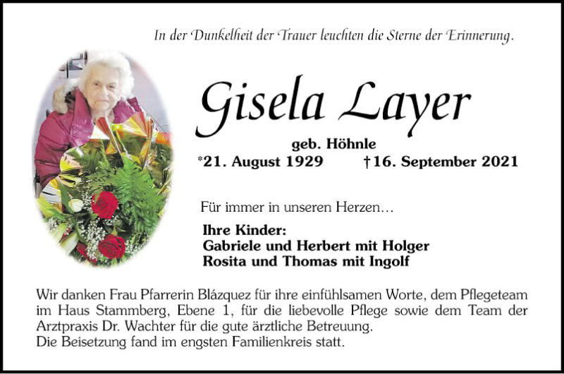  Traueranzeige für Gisela Layer vom 02.10.2021 aus Schwetzinger Zeitung