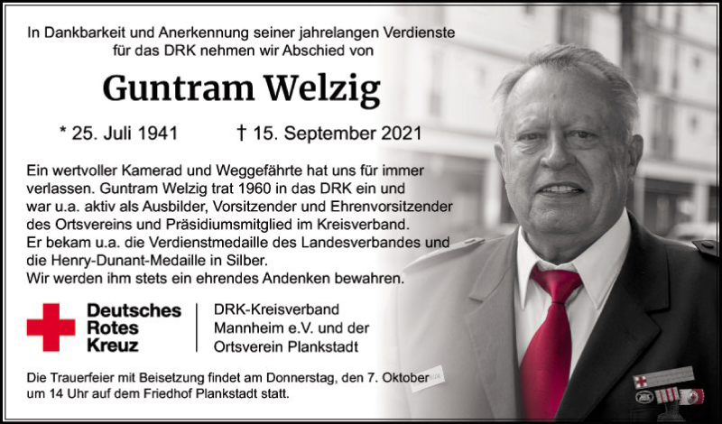  Traueranzeige für Guntram Welzig vom 02.10.2021 aus Schwetzinger Zeitung