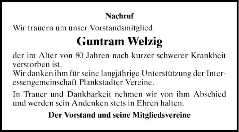  Traueranzeige für Guntram Welzig vom 02.10.2021 aus Schwetzinger Zeitung