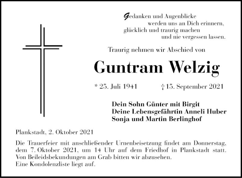  Traueranzeige für Guntram Welzig vom 02.10.2021 aus Schwetzinger Zeitung