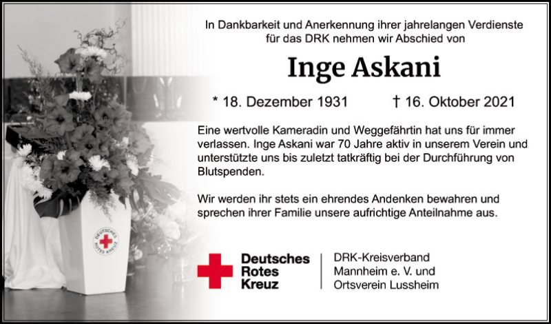  Traueranzeige für Inge Askani vom 26.10.2021 aus Schwetzinger Zeitung