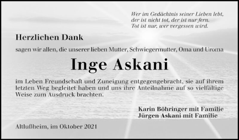  Traueranzeige für Inge Askani vom 30.10.2021 aus Schwetzinger Zeitung