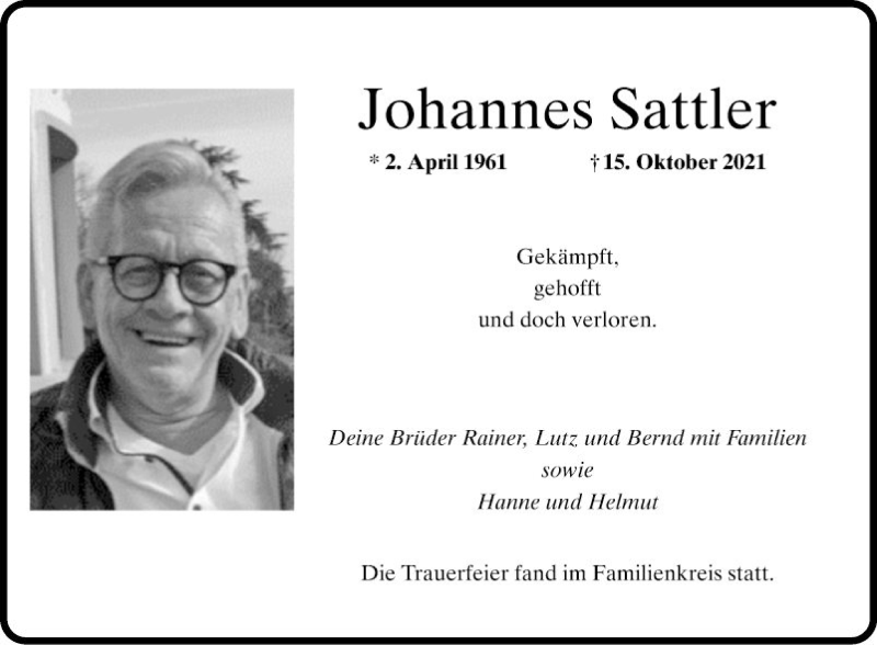  Traueranzeige für Johannes Sattler vom 29.10.2021 aus Südhessen Morgen