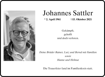 Traueranzeige von Johannes Sattler von Südhessen Morgen