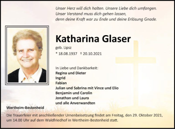 Traueranzeige von Katharina Glaser von Fränkische Nachrichten