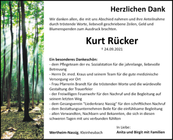Traueranzeige von Kurt Rücker von Fränkische Nachrichten