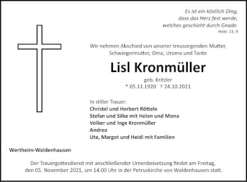 Traueranzeige von Lisl Kronmüller von Fränkische Nachrichten