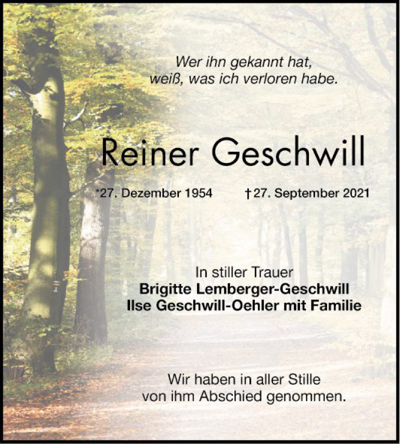  Traueranzeige für Rainer Geschwill vom 08.10.2021 aus Schwetzinger Zeitung