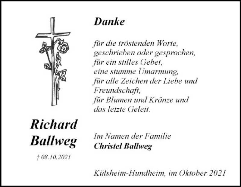  Traueranzeige für Richard Ballweg vom 26.10.2021 aus Fränkische Nachrichten