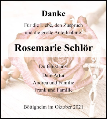 Traueranzeige von Rosemarie Schlör von Fränkische Nachrichten