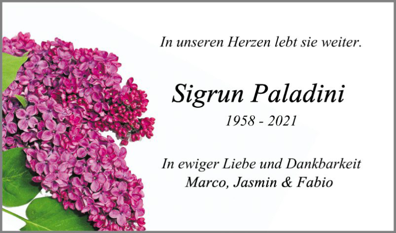  Traueranzeige für Sigrun Paladini vom 09.10.2021 aus Schwetzinger Zeitung