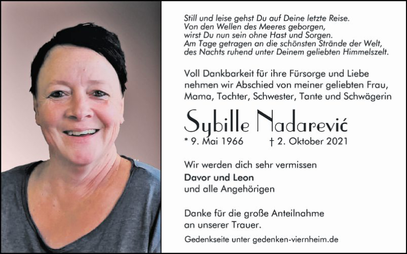  Traueranzeige für Sybille Nadarevic vom 21.10.2021 aus Südhessen Morgen