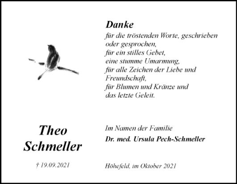  Traueranzeige für Theo Schmeller vom 09.10.2021 aus Fränkische Nachrichten