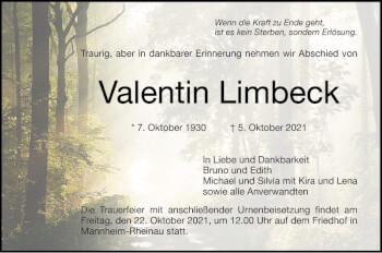 Traueranzeige von Valentin Limbeck von Mannheimer Morgen