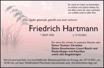 Traueranzeige von Friedrich Hartmann von MANNHEIMER MORGEN