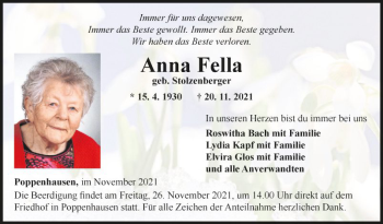 Traueranzeige von Anna Fella von Fränkische Nachrichten