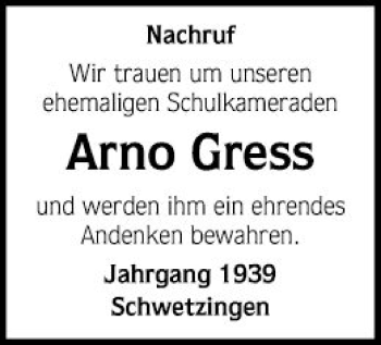 Traueranzeige von Arno Gress von Schwetzinger Zeitung