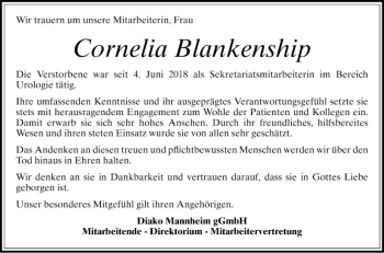 Traueranzeige von Cornelia Blankenship von Mannheimer Morgen