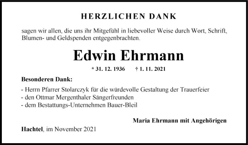  Traueranzeige für Edwin Ehrmann vom 27.11.2021 aus Fränkische Nachrichten