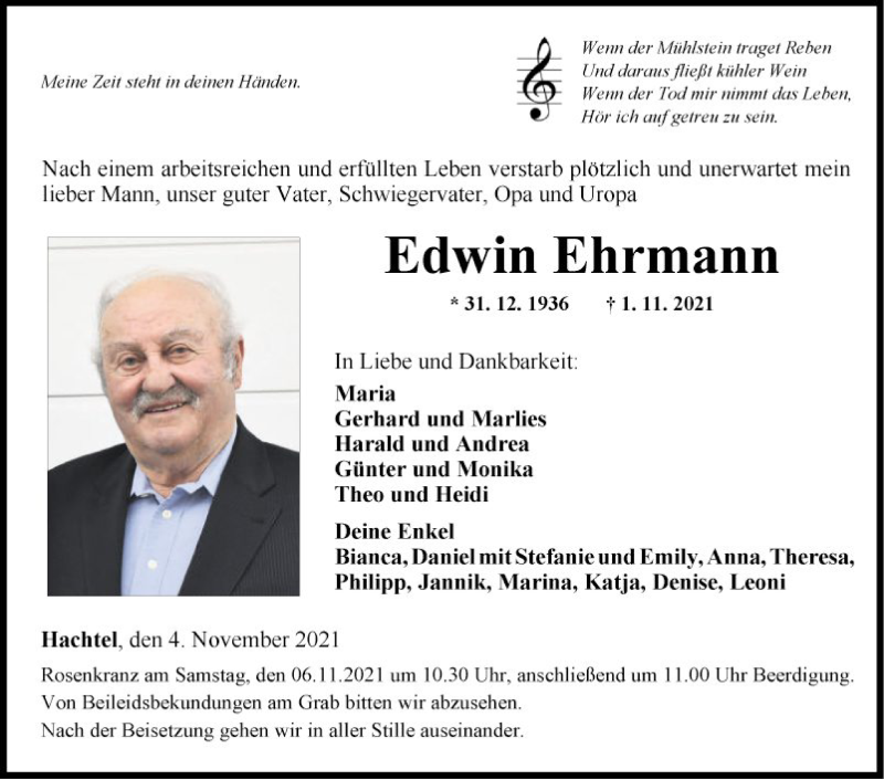  Traueranzeige für Edwin Ehrmann vom 04.11.2021 aus Fränkische Nachrichten