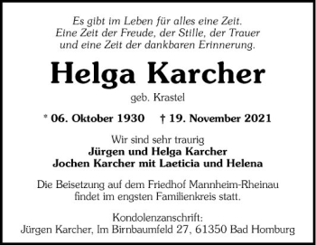 Traueranzeige von Helga Karcher von Mannheimer Morgen