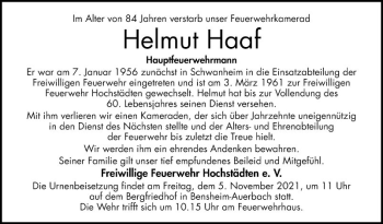 Traueranzeige von Helmut Haaf von Bergsträßer Anzeiger