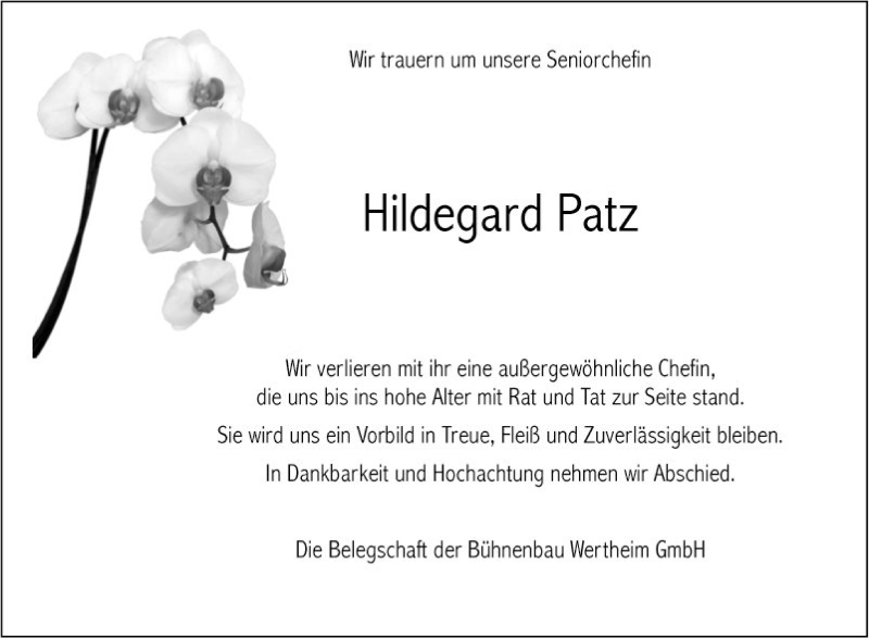  Traueranzeige für Hildegard Patz vom 20.11.2021 aus Fränkische Nachrichten
