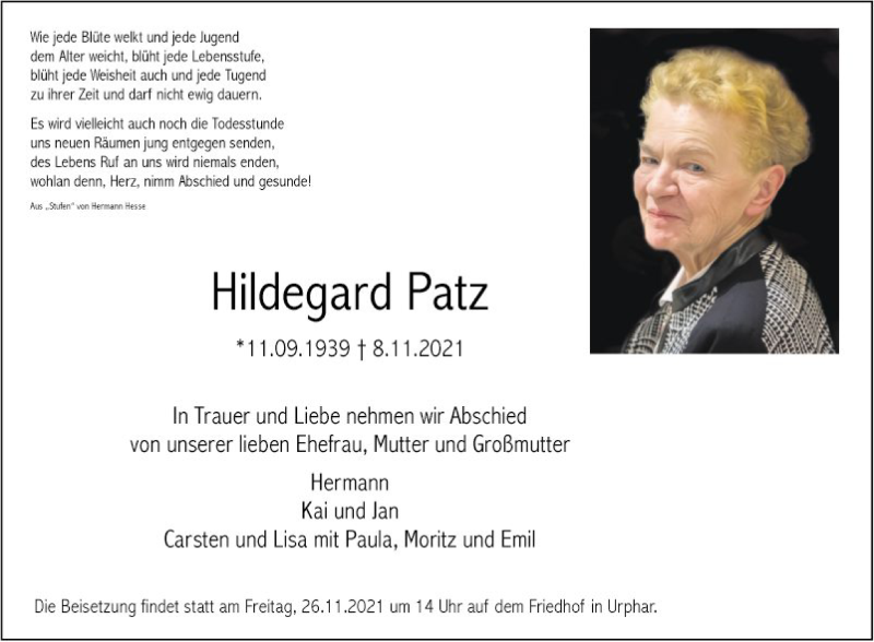  Traueranzeige für Hildegard Patz vom 20.11.2021 aus Fränkische Nachrichten