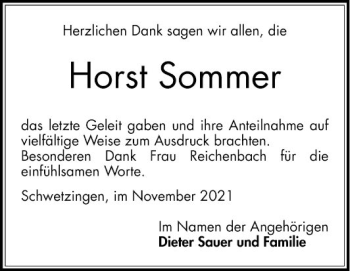 Traueranzeige von Horst Sommer von Schwetzinger Zeitung