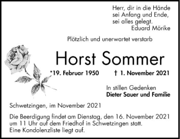 Traueranzeige von Horst Sommer von Schwetzinger Zeitung