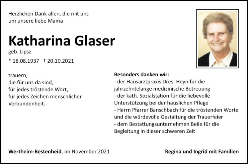  Traueranzeige für Katharina Glaser vom 03.11.2021 aus Fränkische Nachrichten