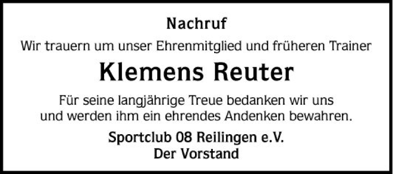  Traueranzeige für Klemens Reuter vom 06.11.2021 aus Schwetzinger Zeitung