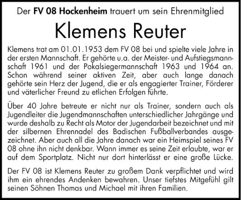  Traueranzeige für Klemens Reuter vom 06.11.2021 aus Schwetzinger Zeitung