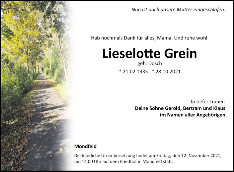  Traueranzeige für Lieselotte Grein vom 06.11.2021 aus Fränkische Nachrichten