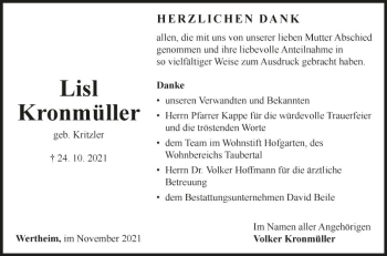 Traueranzeige von Lisl Kronmüller von Fränkische Nachrichten
