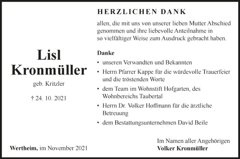  Traueranzeige für Lisl Kronmüller vom 13.11.2021 aus Fränkische Nachrichten