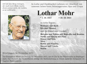 Traueranzeige von Lothar Mohr von Fränkische Nachrichten