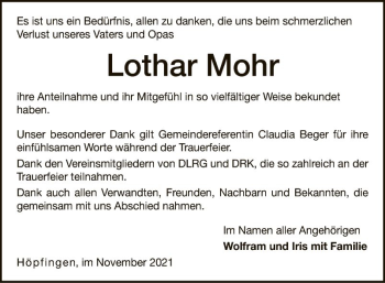 Traueranzeige von Lothar Mohr von Fränkische Nachrichten