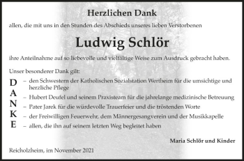 Traueranzeige von Ludwig Schlör von Fränkische Nachrichten