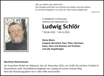 Traueranzeige von Ludwig Schlör von Fränkische Nachrichten