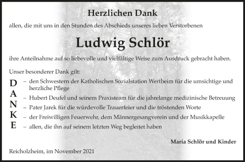  Traueranzeige für Ludwig Schlör vom 20.11.2021 aus Fränkische Nachrichten