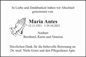 Traueranzeige von Maria Antes von Mannheimer Morgen