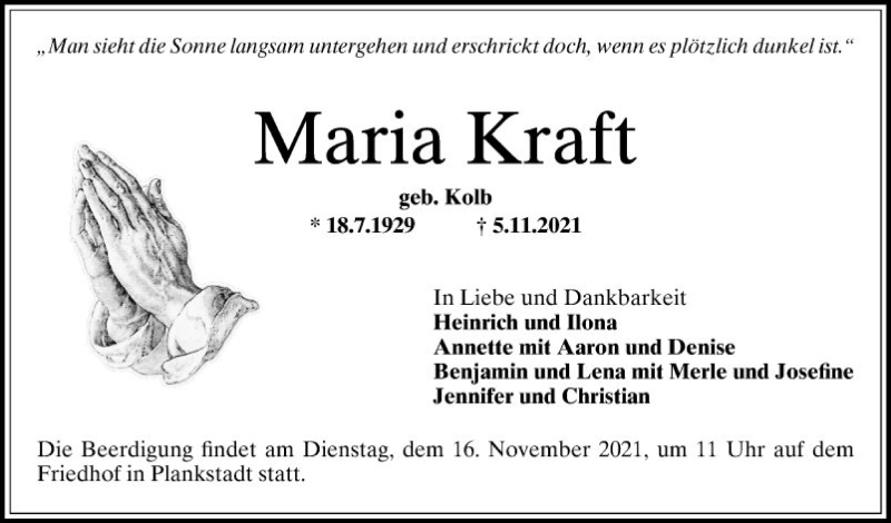  Traueranzeige für Maria Kraft vom 10.11.2021 aus Schwetzinger Zeitung