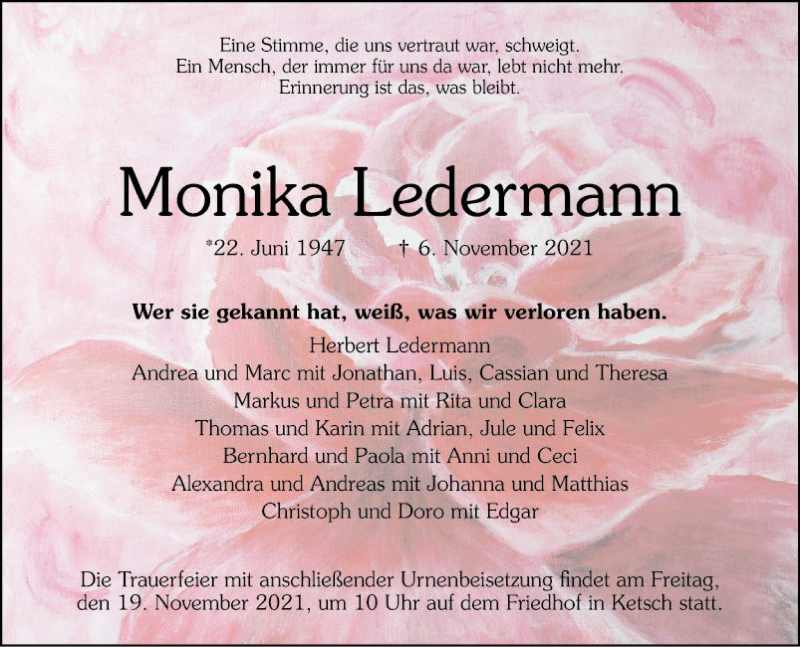  Traueranzeige für Monika Ledermann vom 13.11.2021 aus Schwetzinger Zeitung